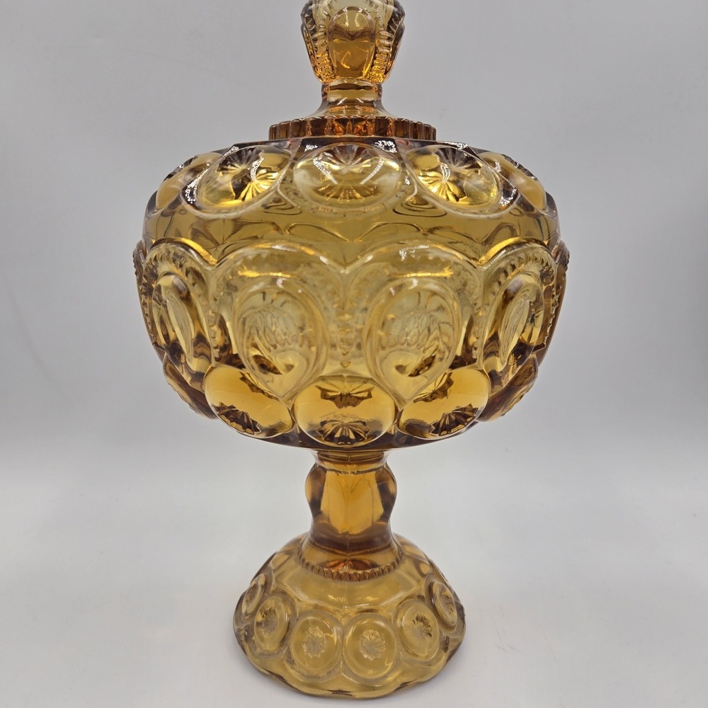 Vtg Moon & Stars LE‎ Smith Compote covered candy dish 10" tall lidded amber MCM